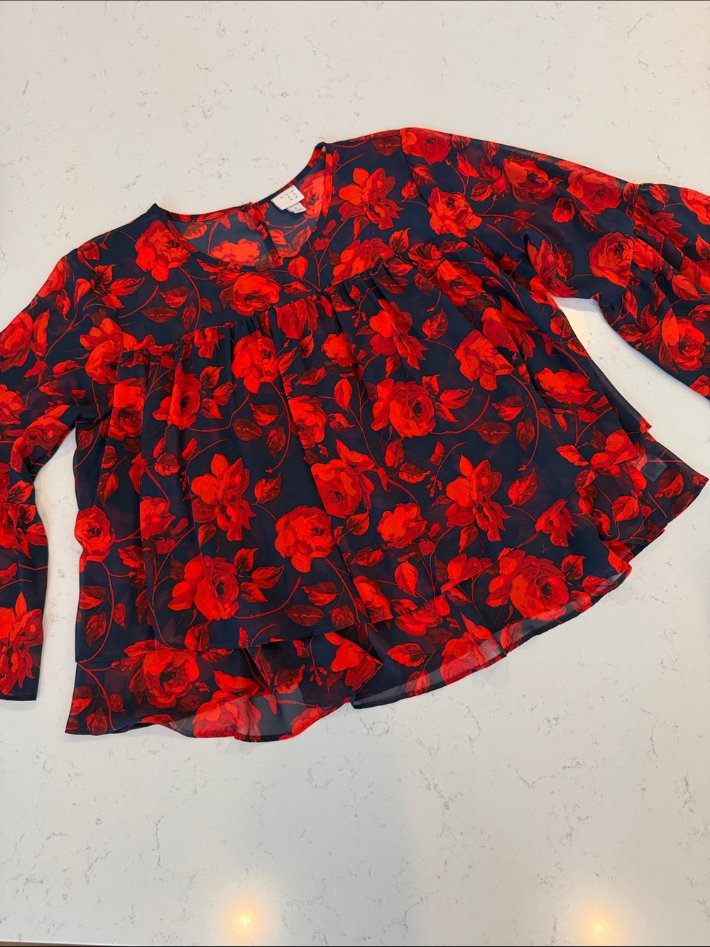 a new day Red Floral Long-Sleeve Peasant Blouse on Navy